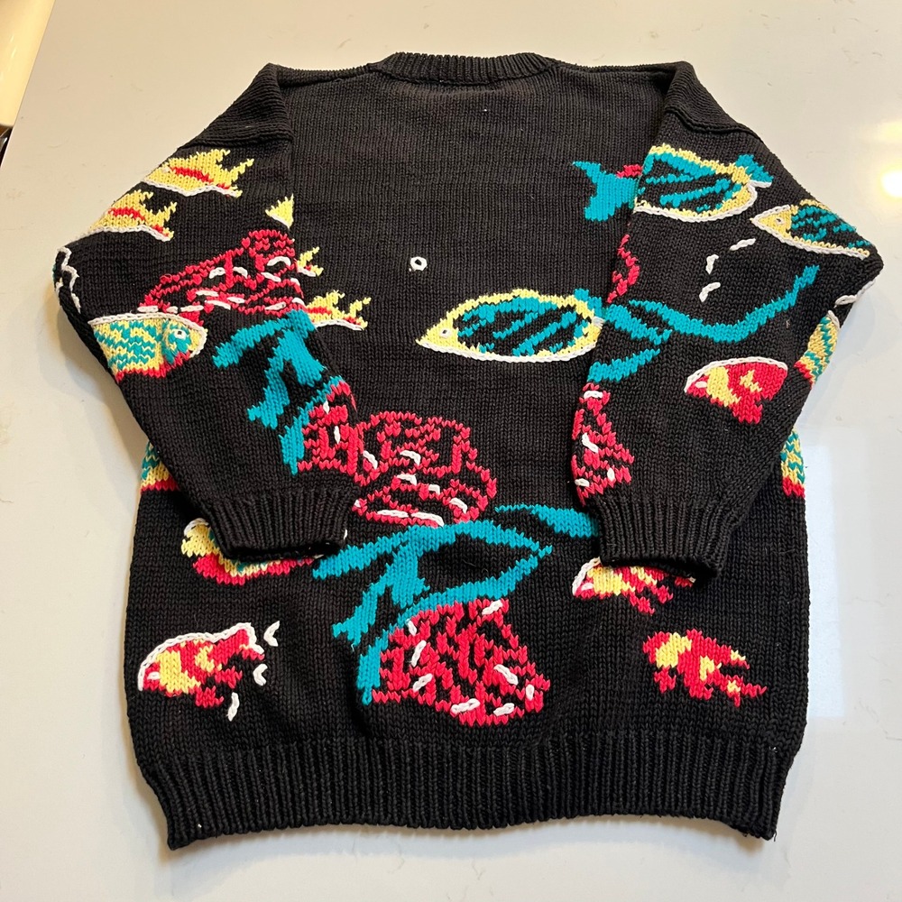 Cape Isle Knitters Vintage Tropical Fish Coral Reef Black Ramie Cotton Sweater L - Picture 3 of 10